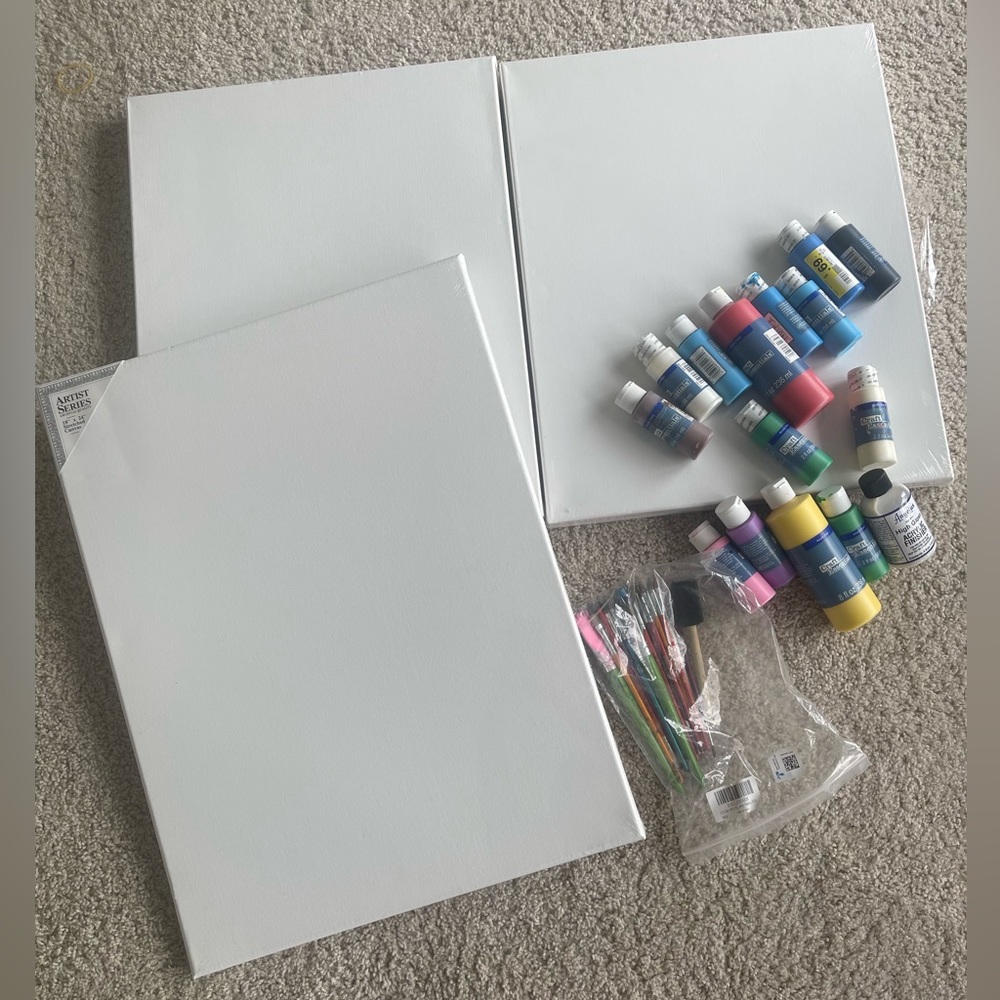 Art supplies : Canvases with paint and brushes